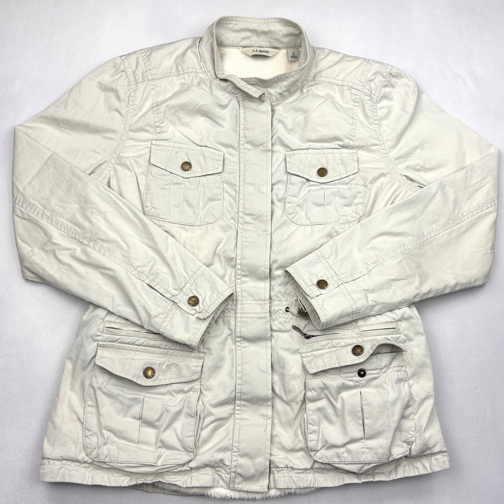 LL Bean Jacket Womens Small Beige Fleece Lined Utility Field Safari Coat 290462